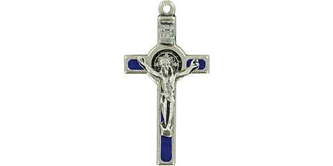 Croce San Benedetto in metallo nichelato con smalto blu - 3,5 cm