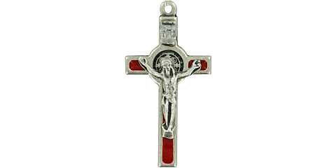 Croce San Benedetto in metallo nichelato con smalto rosso - 3,5 cm