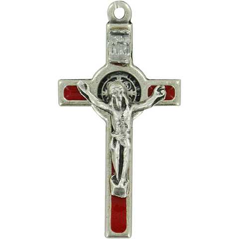 Croce San Benedetto in metallo nichelato con smalto rosso - 3,5 cm