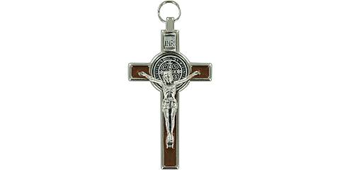 Croce San Benedetto, Ciondolo o Piccolo Crocifisso da Parete, Metallo Nichelato e Smalto Marrone, 8 Cm