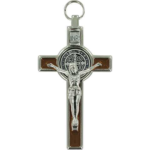 Croce San Benedetto, Ciondolo o Piccolo Crocifisso da Parete, Metallo Nichelato e Smalto Marrone, 8 Cm