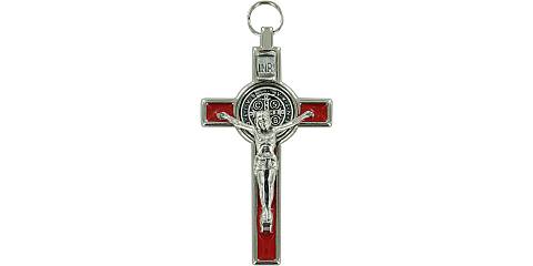 Croce San Benedetto in metallo nichelato con smalto rosso - 8 cm