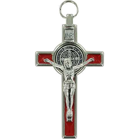 Croce San Benedetto in metallo nichelato con smalto rosso - 8 cm