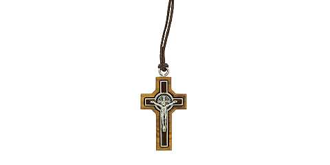Croce San Benedetto in legno d'ulivo e metallo con cordone - 4 cm