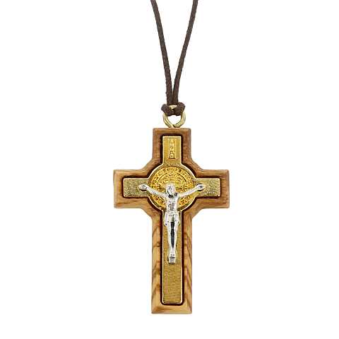 Croce San Benedetto in ulivo e metallo dorato con laccio