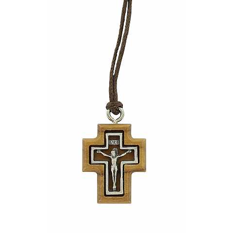 Croce in legno ulivo con Cristo in metallo e laccio -  3,2 cm