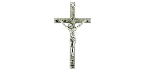 Croce barretta con Cristo riportato in metallo nichelato - 5 cm