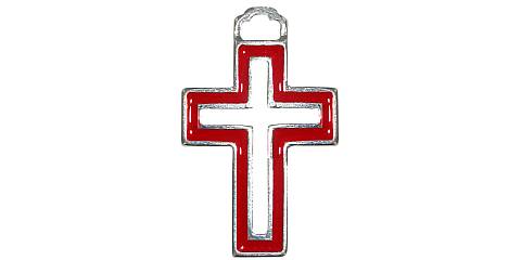 STOCK:Croce Traforata in metallo argentato con smalto rosso - 3,5 cm