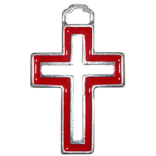 STOCK:Croce Traforata in metallo argentato con smalto rosso - 3,5 cm