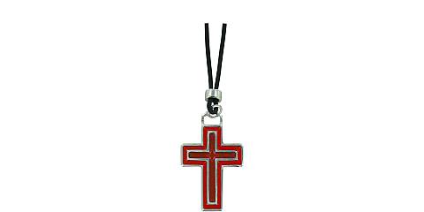 Croce in metallo nichelato con smalto rosso e laccio - 3,8 cm