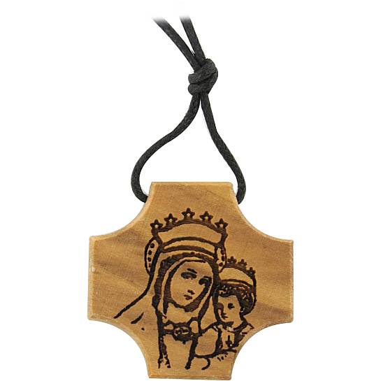 Croce Madonna con Bambino in legno di ulivo con incisione