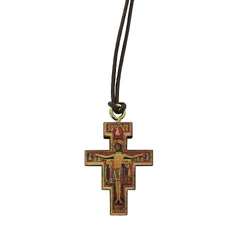 Croce San Damiano stampa su legno ulivo con laccio - 3 x 2 cm