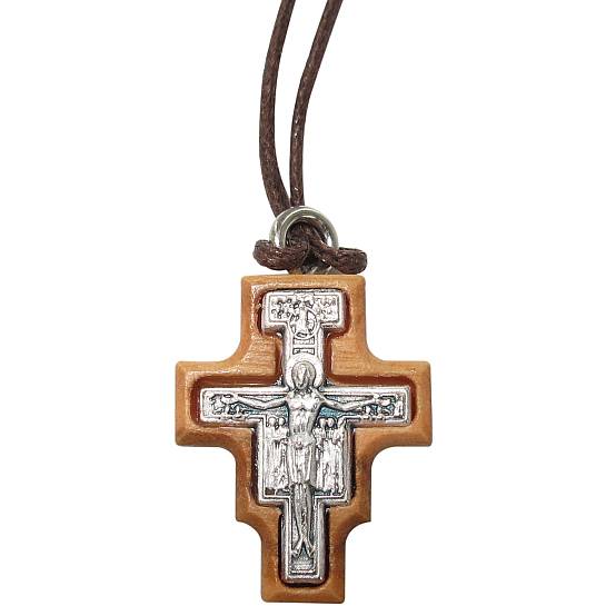 Croce San Damiano in metallo ossidato su legno ulivo con laccio - 2 x 1,6 cm