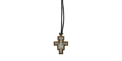 Croce San Damiano in metallo ossidato su legno ulivo con cordone - 3 x 2 cm