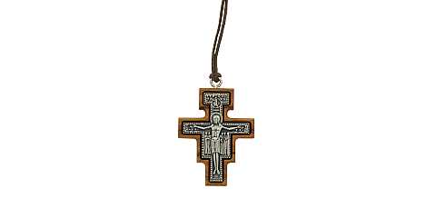 Croce San Damiano in metallo ossidato su legno ulivo con cordone - 4 x 3 cm
