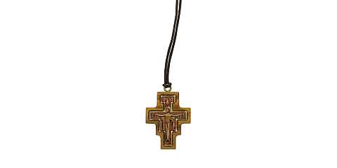 Croce San Damiano in ulivo con adesivo resinato e cordoncino - 4 x 3 cm