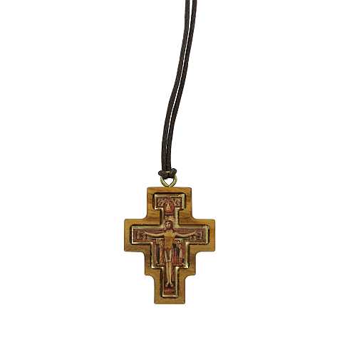 Croce San Damiano stampa su legno ulivo con laccio - 4 x 3 cm