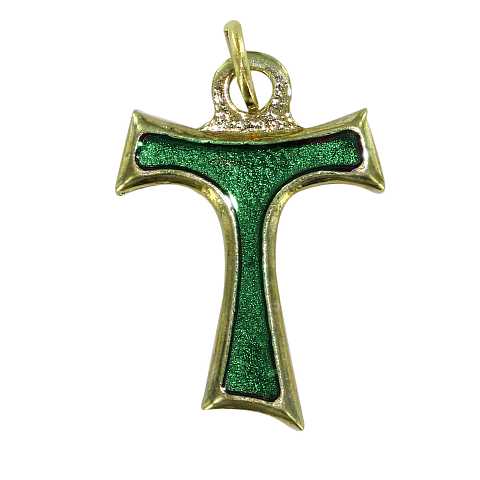 Croce tau in metallo dorato con smalto verde cm 2