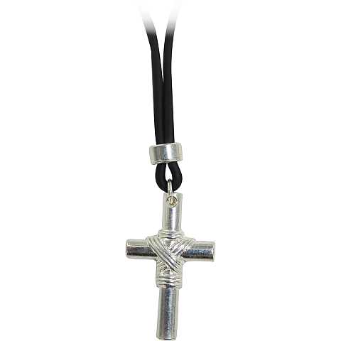 Croce in metallo argentato con cordoncino in caucciu - 3 cm