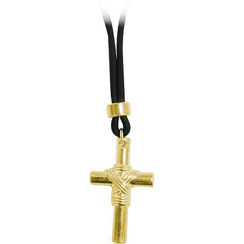 Croce in metallo dorato con cordoncino in caucciu - 3 cm
