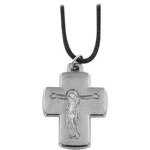 Croce con Cristo inciso in metallo argentato con laccio - 2,5 cm