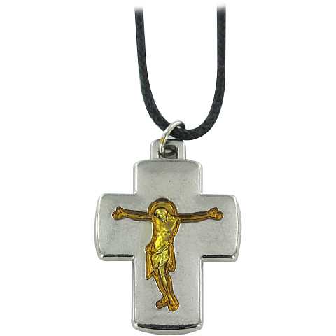 Croce in metallo argentato con incisione dorata (con laccio) - 2,5 cm