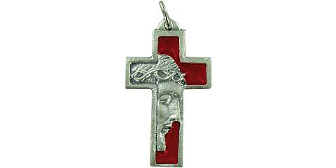 Croce volto Cristo in metallo nichelato e smalto rosso - 3,5 cm