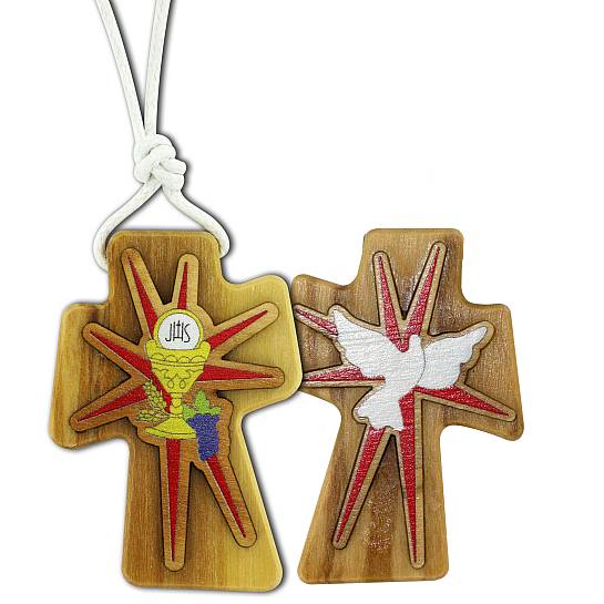 Bomboniera comunione: Croce in legno d'ulivo con i simboli della cresima e comunione - 4,7 cm