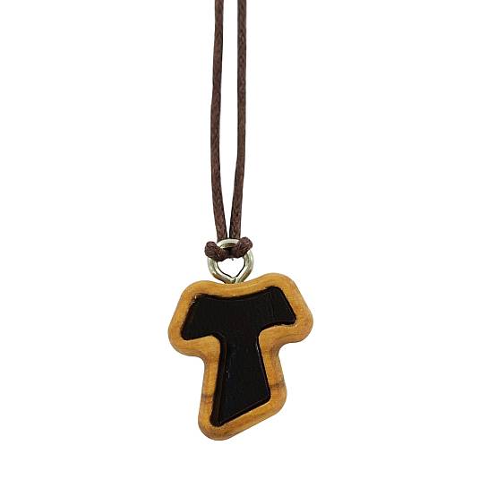 Croce Tau in legno di ulivo e cuoio con cordoncino (croce di San Francesco d'Assisi) - 1,5 cm