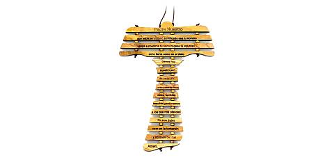 Croce Tau da Parete con Preghiera Padre Nostro in Spagnolo, Legno d'Ulivo, 12,7 x 19 x 0,5 cm
