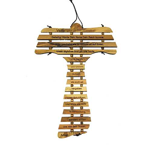 Croce Tau da Parete con Preghiera Padre Nostro in Tedesco, Legno d'Ulivo, 12,7 x 19 x 0,5 cm