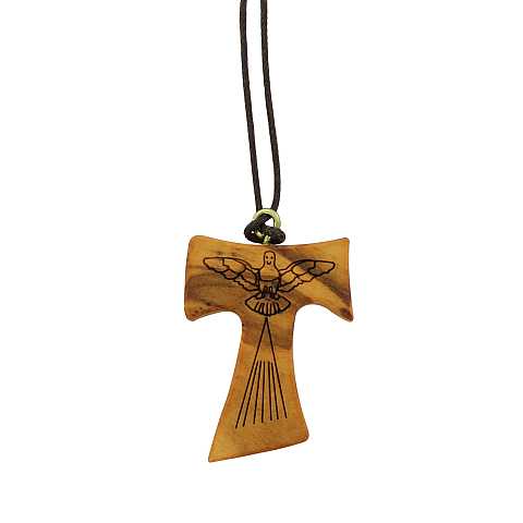 Tau in legno di ulivo con Spirito Santo inciso e cordoncino (croce di San Francesco d'Assisi) - 3,8 cm