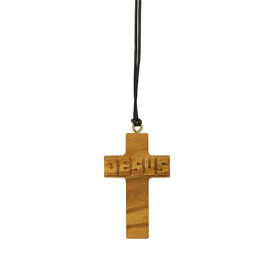Croce in ulivo con scritta Jesus in rilievo e cordoncino marrone - 4,5 cm