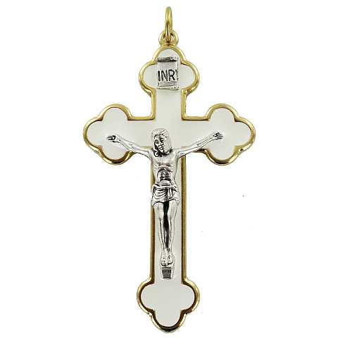 Croce in metallo dorato con smalto bianco e Cristo riportato - 8 cm