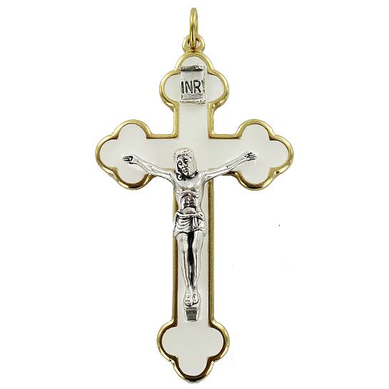 Croce in metallo dorato con smalto bianco e Cristo riportato - 8 cm