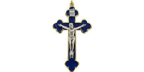Croce in metallo dorato con smalto blu e Cristo riportato - 8 cm