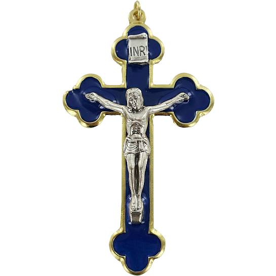 Croce in metallo dorato con smalto blu e Cristo riportato - 8 cm