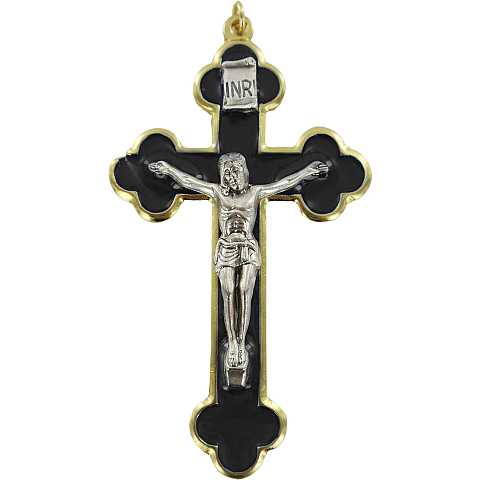 Croce in metallo dorato con smalto nero e Cristo riportato - 8 cm