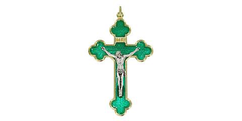 Croce in metallo dorato con smalto verde e Cristo riportato - 8 cm