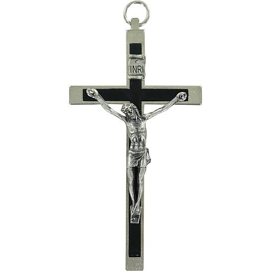 Croce in metallo nichelato con intarsio nero - 11 cm
