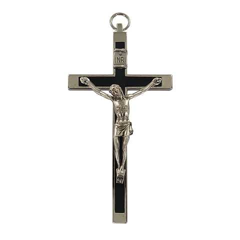 Croce in metallo nichelato con intarsio nero - 14 cm