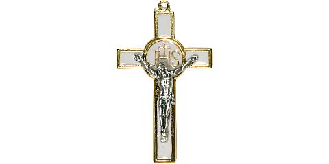 Croce in metallo dorato con smalto bianco e Cristo argentato - 7,5 cm