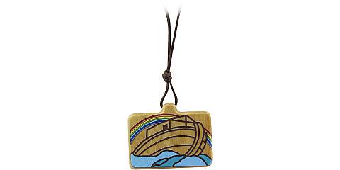Ciondolo Arca di Noè rettangolare in legno d'ulivo colorato con cordone - 3,5 x 2 cm