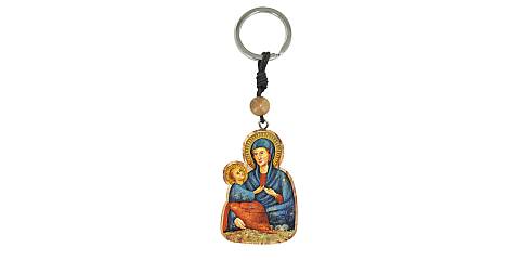 Portachiavi Madonna del Divino Amore in ulivo con grano e immagine serigrafata 