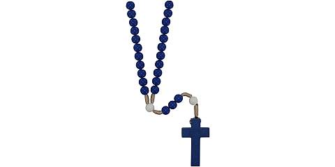 Rosario con grani in plastica blu e pater bianchi, diametro 7,5 mm, con legatura in seta e croce in legno
