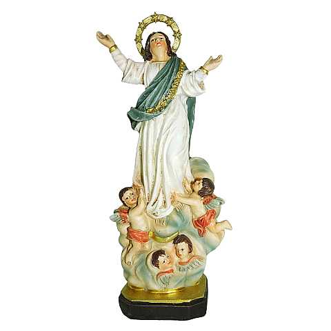 Statua di Madonna Assunta in cielo da 12 cm in confezione regalo con segnalibro in versione INGLESE