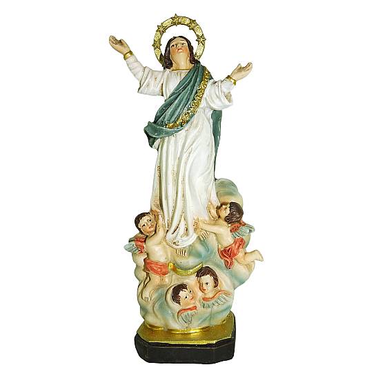 Statua di Madonna Assunta in cielo da 12 cm in confezione regalo con segnalibro in versione INGLESE