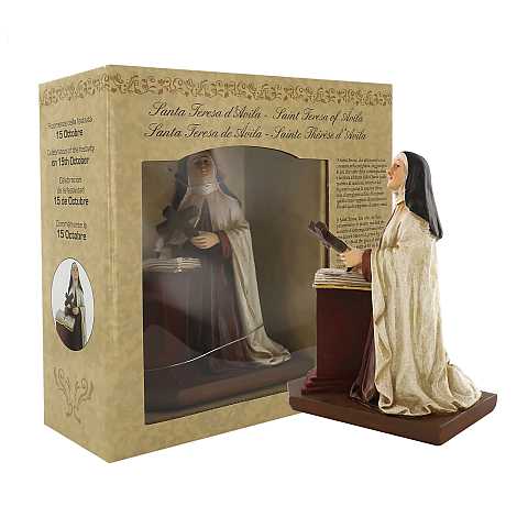 Statua di Santa Teresa Ávila da 12 cm in confezione regalo con segnalibro in IT/EN/ES/FR