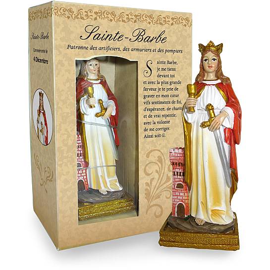 Statua di Santa Barbara da 12 cm in confezione regalo con segnalibro in versione FRANCESE