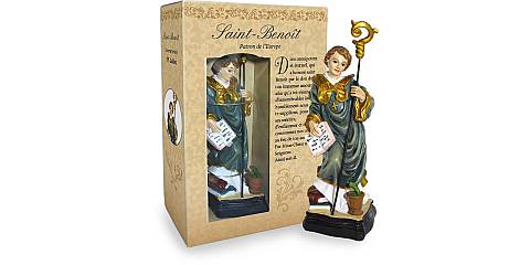Statua di San Benedetto da 12 cm in confezione regalo con segnalibro in versione FRANCESE